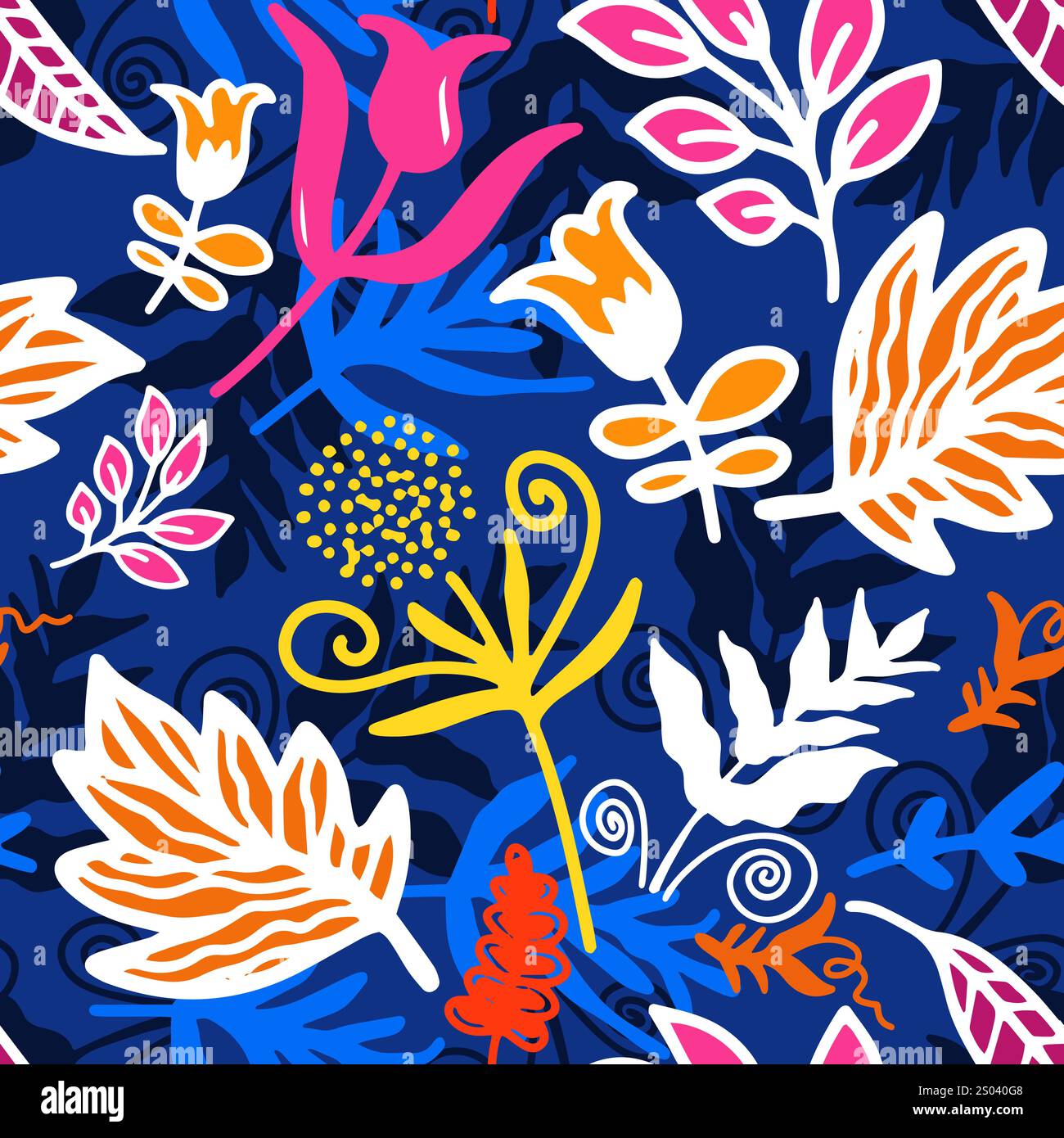 Motif floral exotique moderne. Couleurs vives et colorées. Collage motif sans couture contemporain. Motif de style dessin animé dessiné à la main. Illustration de Vecteur