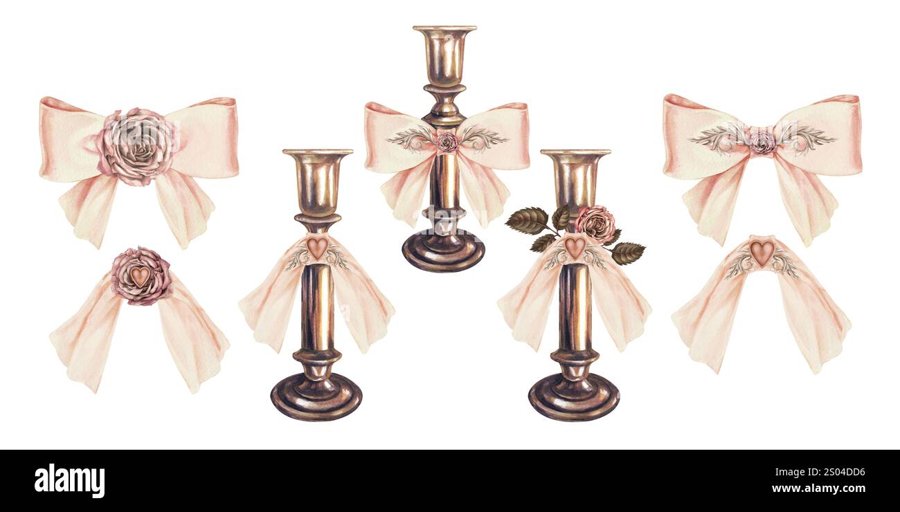 Ensemble de chandeliers vintage en bronze avec un noeud beige rose clair avec un symbole de coeur et de rose dans une délicate palette de mousse moka. Modèle d'aquarelle pour Banque D'Images