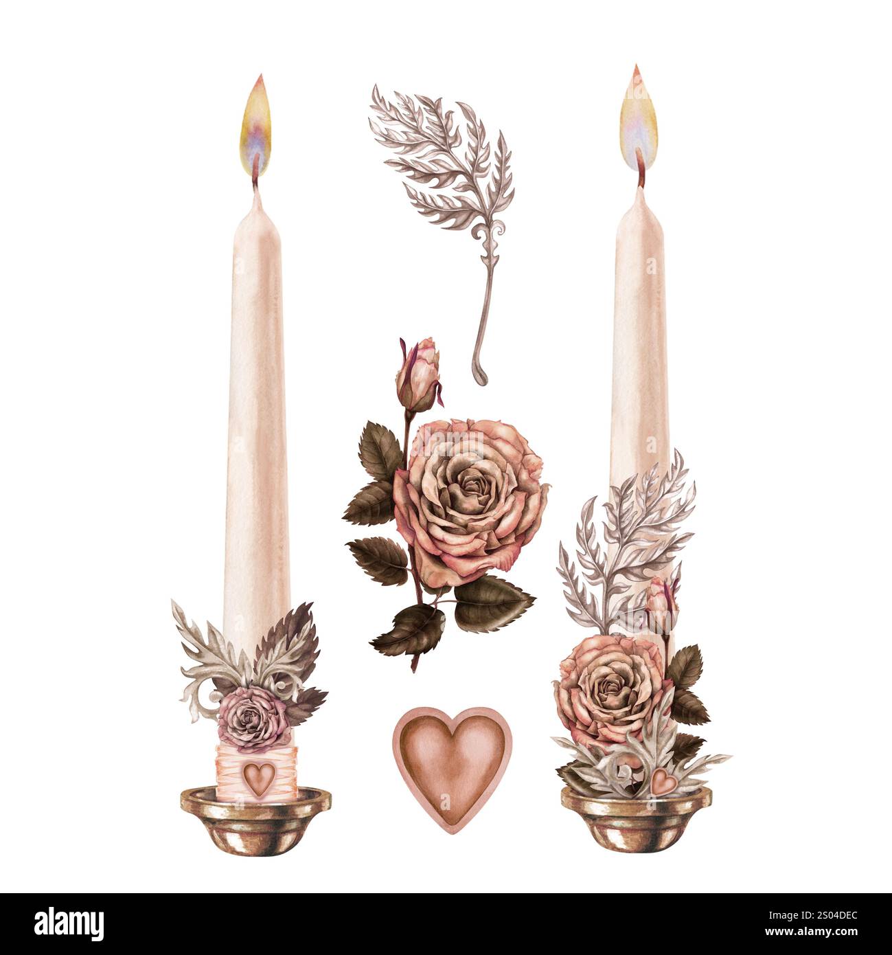 Ensemble de bougies beige rose clair vintage avec une flamme brûlante décorée de bouquets de roses avec un symbole de cœur dans une délicate palette de mousse moka. Banque D'Images
