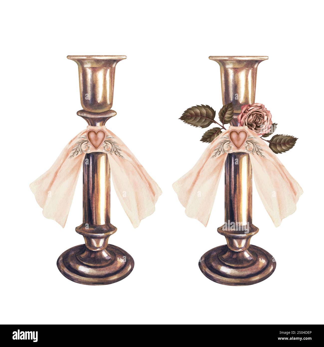 Deux chandeliers vintage en bronze avec un noeud beige rose clair avec un symbole de coeur et de rose dans une délicate palette de mousse moka. Modèle d'aquarelle pour w Banque D'Images