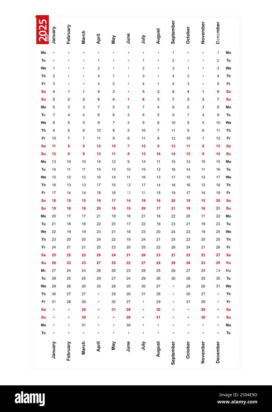 Calendrier vertical sur une ligne 2025, lundi premier jour de la semaine. Illustration vectorielle. Illustration de Vecteur