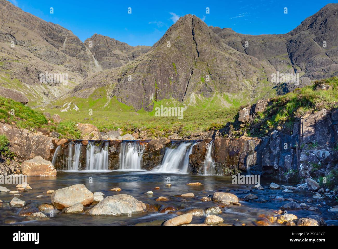 Les Fairy Pools, île de Skye. Photographié un jour à part, d'abord dans une terrible tempête et ensuite dans Brilliant Sunshine. C'est Skye pour toi. Banque D'Images