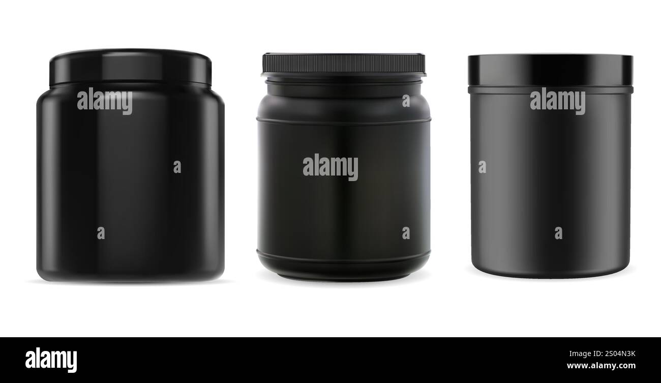 Supplément sport, bcaa, set de bouteilles de protéines de lactosérum. Maquette de bocal en plastique noir. Illustration du conteneur de gain de puissance musculaire. Vitamine PA réaliste de pilule amino Illustration de Vecteur