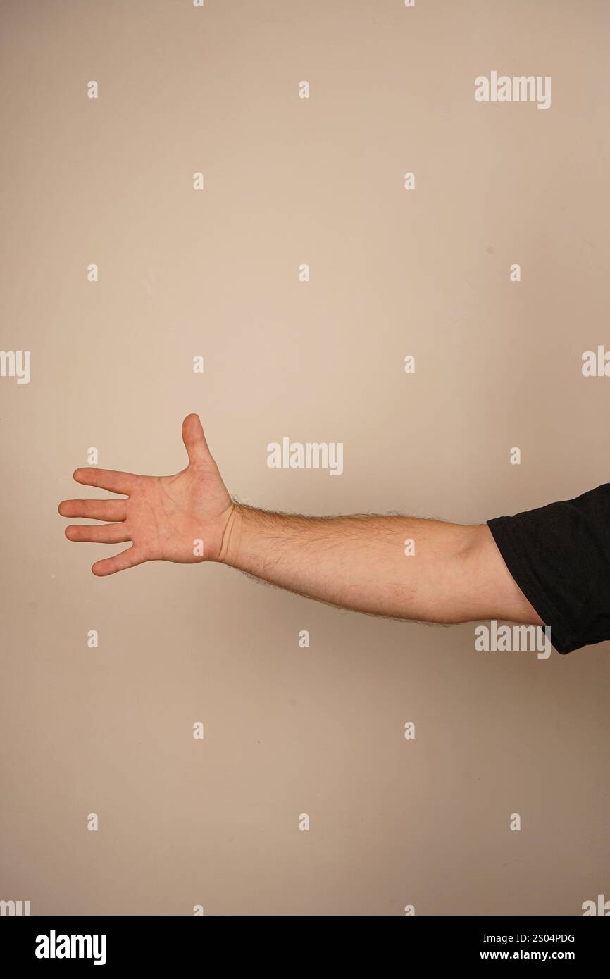 Une main avec une paume ouverte signifie l'ouverture et la volonté d'aider. Ce geste émotionnel symbolise la gentillesse, l’honnêteté et l’accessibilité. Le neu Banque D'Images