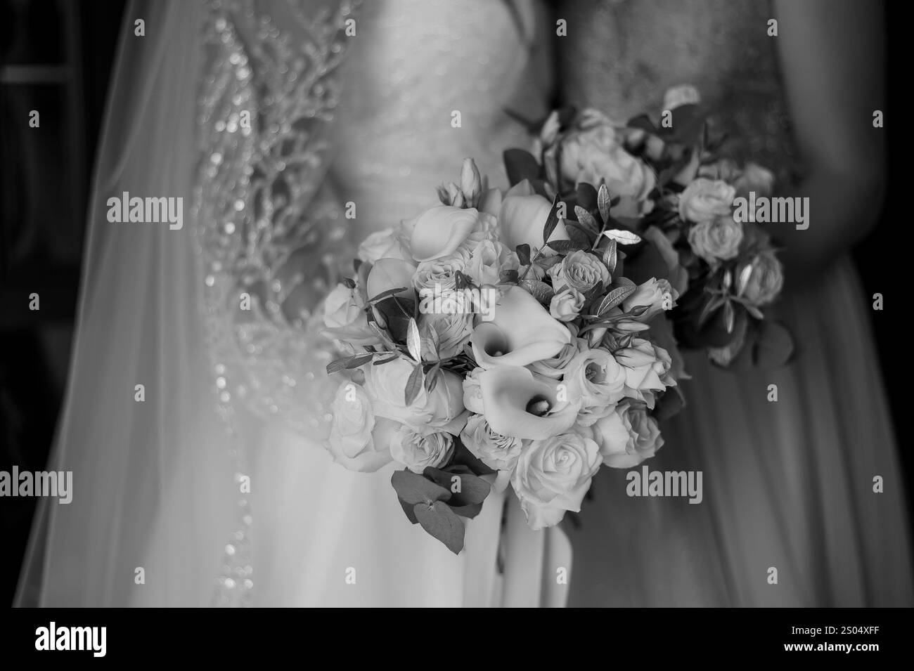 Élégant bouquet de mariage avec mariée et demoiselle d'honneur. Banque D'Images