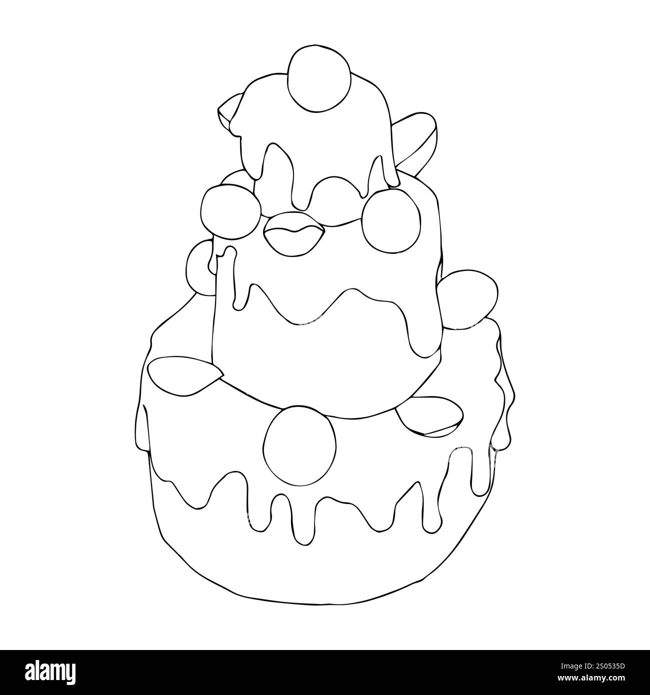 Gâteau à trois niveaux décoré de bonbons au chocolat, de saupoudrées et d'amandes. Illustration vectorielle dans le style doodle isolé sur fond blanc. Illustration de Vecteur