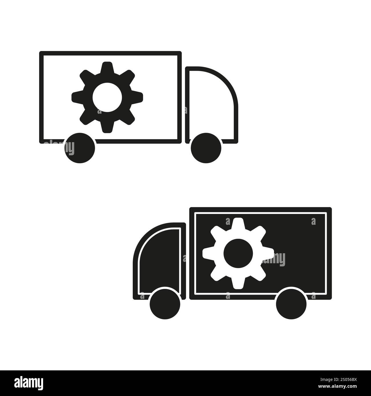 Icône de chariot à engrenages. Véhicules noirs et blancs. Conception vectorielle simple. Symbole logistique. Illustration de Vecteur