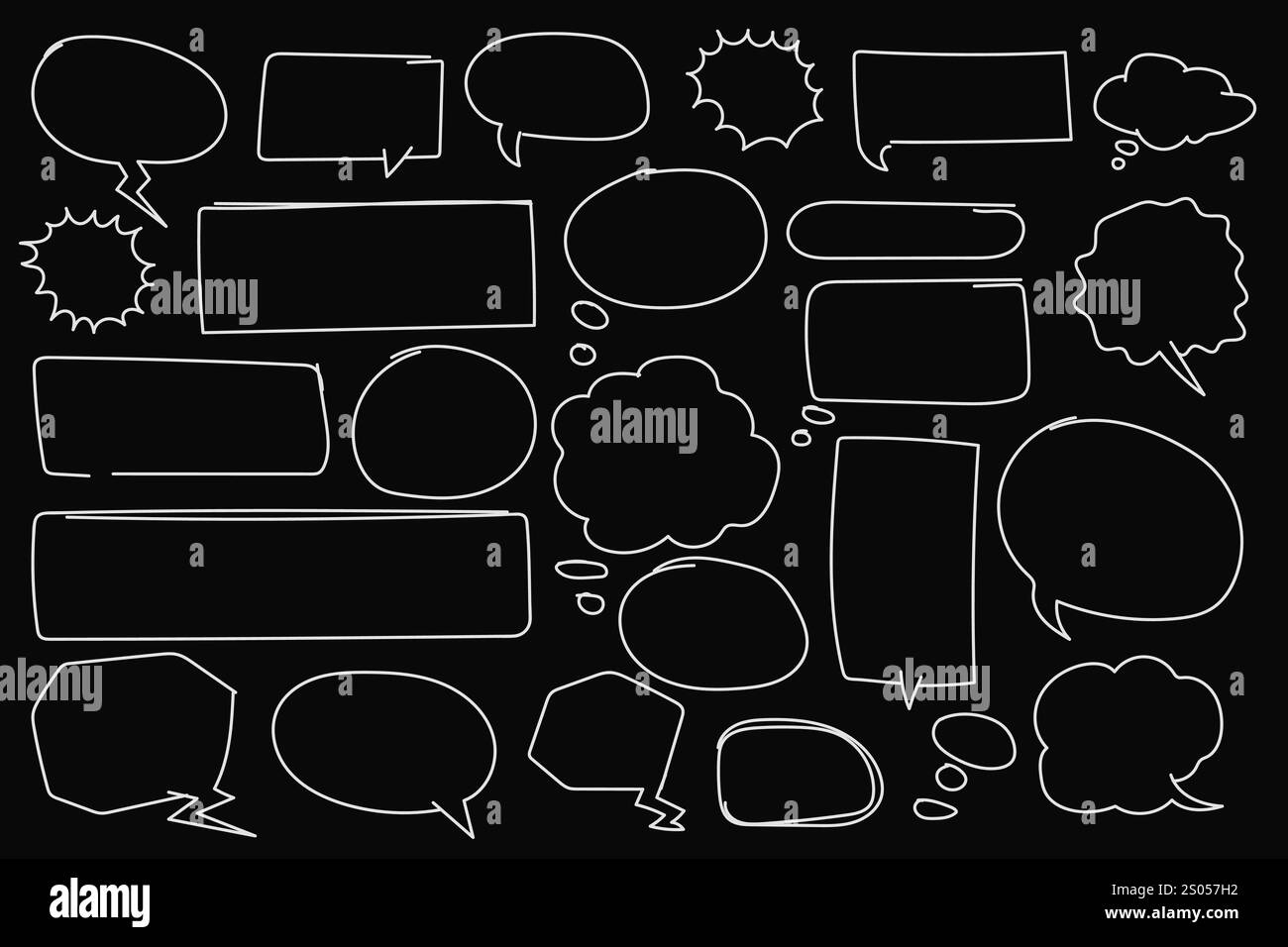 Un ensemble de bulles de discours dessinées à la main avec des spécifications blanches sur un fond noir, avec des styles de doodle et de croquis. Illustration de Vecteur