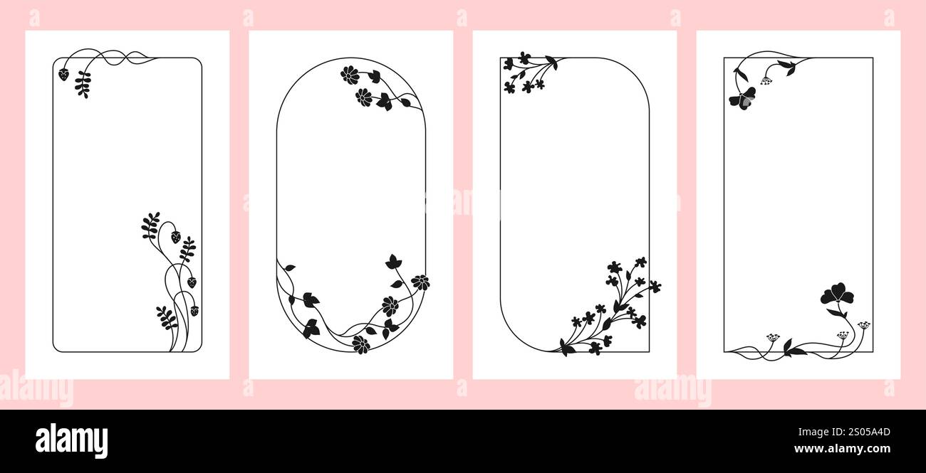 Cartes postales ensemble avec modèle vintage de cadre de fleur. Silhouette herbes, fleurs, fond de modèle de cadre de baies. Bannière élégante, carte de mariage, invitation d'affiche, conception vectorielle moderne d'illustration de couverture Illustration de Vecteur