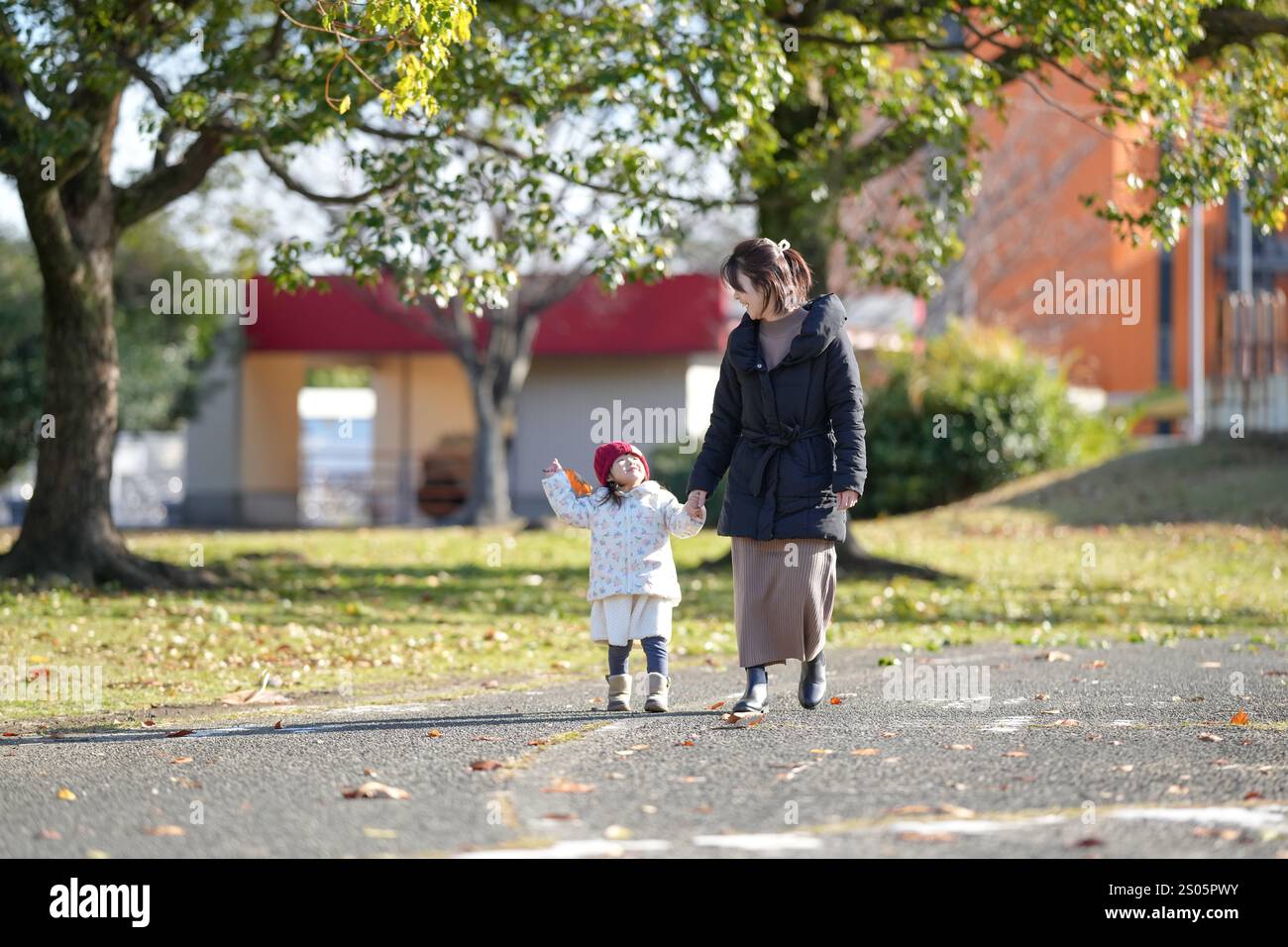 Une jeune japonaise de 3 ans portant un bonnet tricoté rouge et une veste blanche en duvet marche avec une femme dans ses 30 ans à travers les feuilles mortes dans un parc à Hakata, Banque D'Images