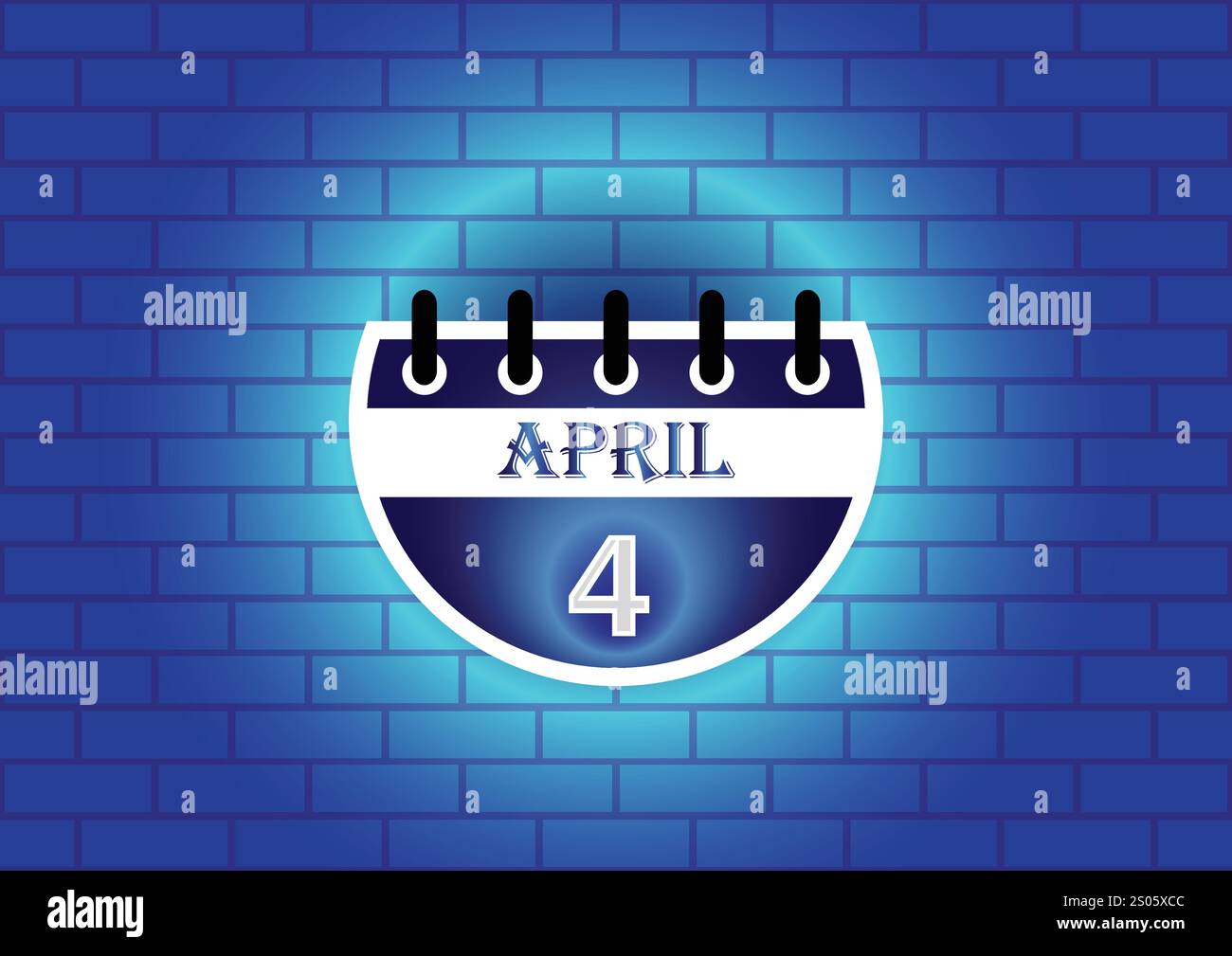 Panneau de calendrier du 4 avril sur fond de mur de briques néon bleu. Style plat. Date, jour et mois. Illustration vectorielle. Illustration de Vecteur