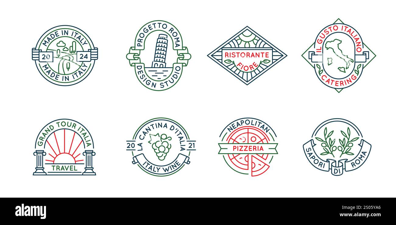 Ensemble de 8 icônes de la cuisine italienne et de la culture logo Illustration de Vecteur