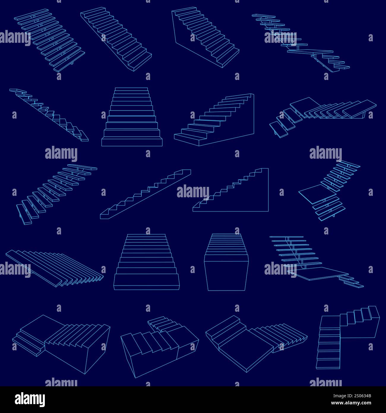 Série de dessins bleus d'escaliers. Les dessins sont tous de tailles et de formes différentes, mais ils ont tous la même conception de base. La scène est calme et sereine, Illustration de Vecteur