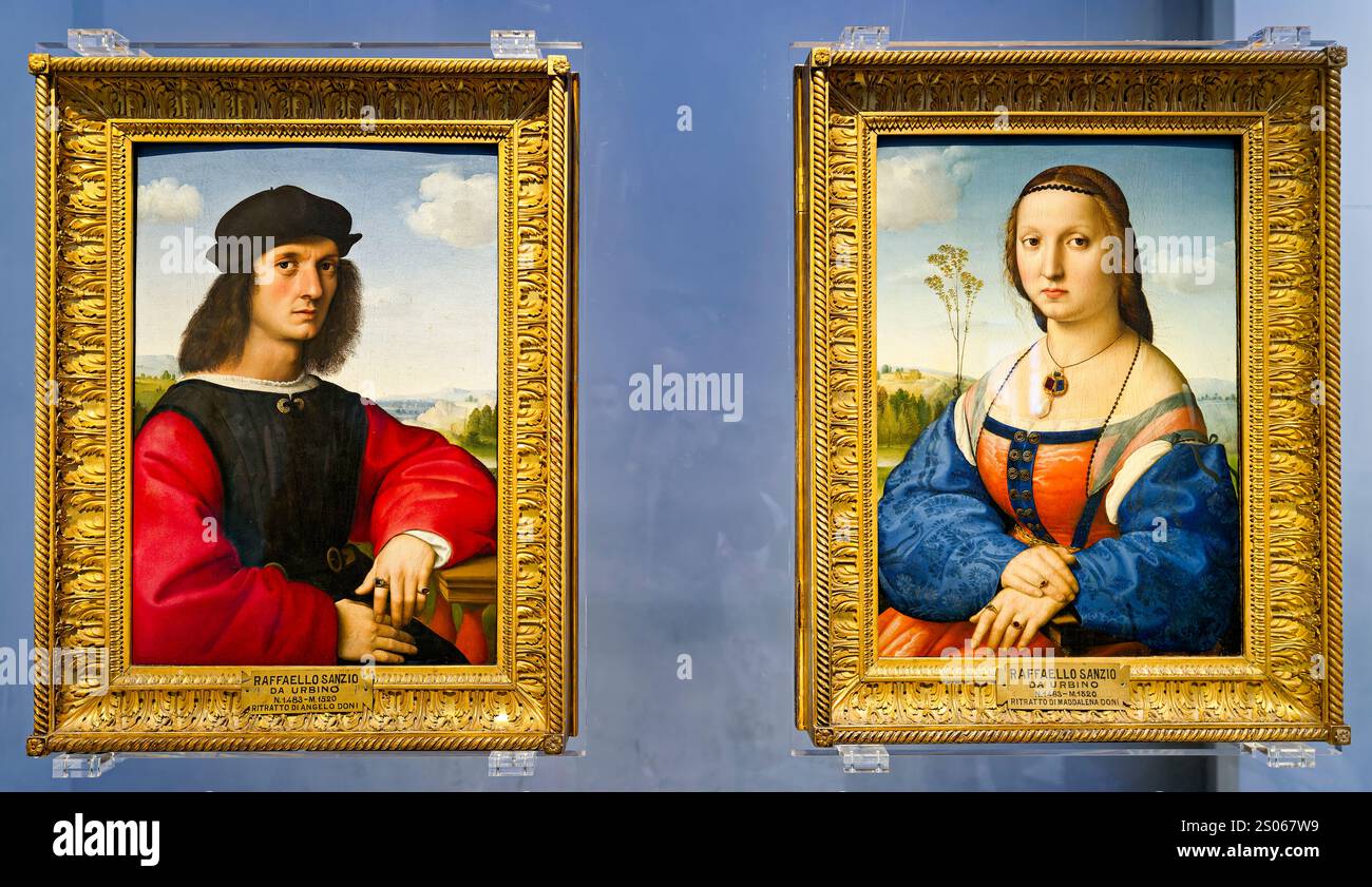 Florence Toscane Italie. Galerie des Offices. Raffaello Sanzio. Portrait d'Angelo Doni et Maddalena Doni Banque D'Images Florence Toscane Italie. Galerie des Offices. Raffaello Sanzio. Portrait d'Angelo Doni et Maddalena Doni Banque D'Images