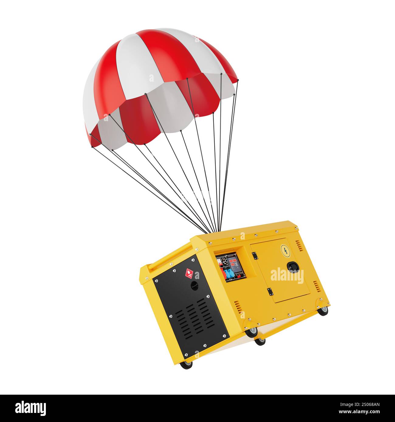 Big jaune extérieur générateur d'énergie électrique auxiliaire unité diesel pour une utilisation d'urgence descend par Parachute sur un fond blanc. Rendu 3D. Banque D'Images