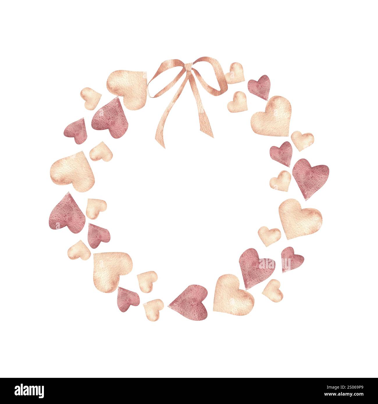 Couronne de printemps de Valentines avec des coeurs beige et rose neutres et illustration d'aquarelle d'arc girlish. Modèle de carte de voeux isolé dessiné à la main, weddi Banque D'Images