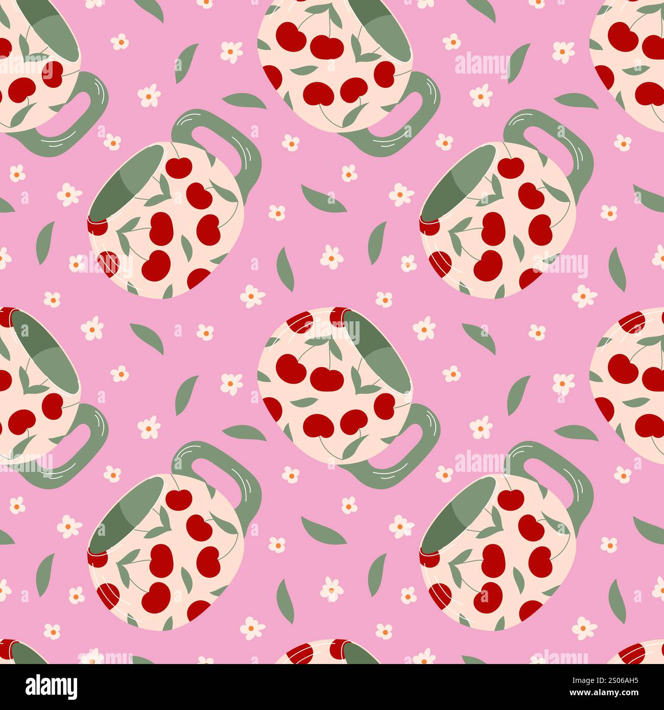 Modèle sans couture avec tasse décorée de cerise, feuilles vertes et fleurs blanches sur un fond rose dans un style plat. Idéal pour la conception de tissu, papier d'emballage Illustration de Vecteur