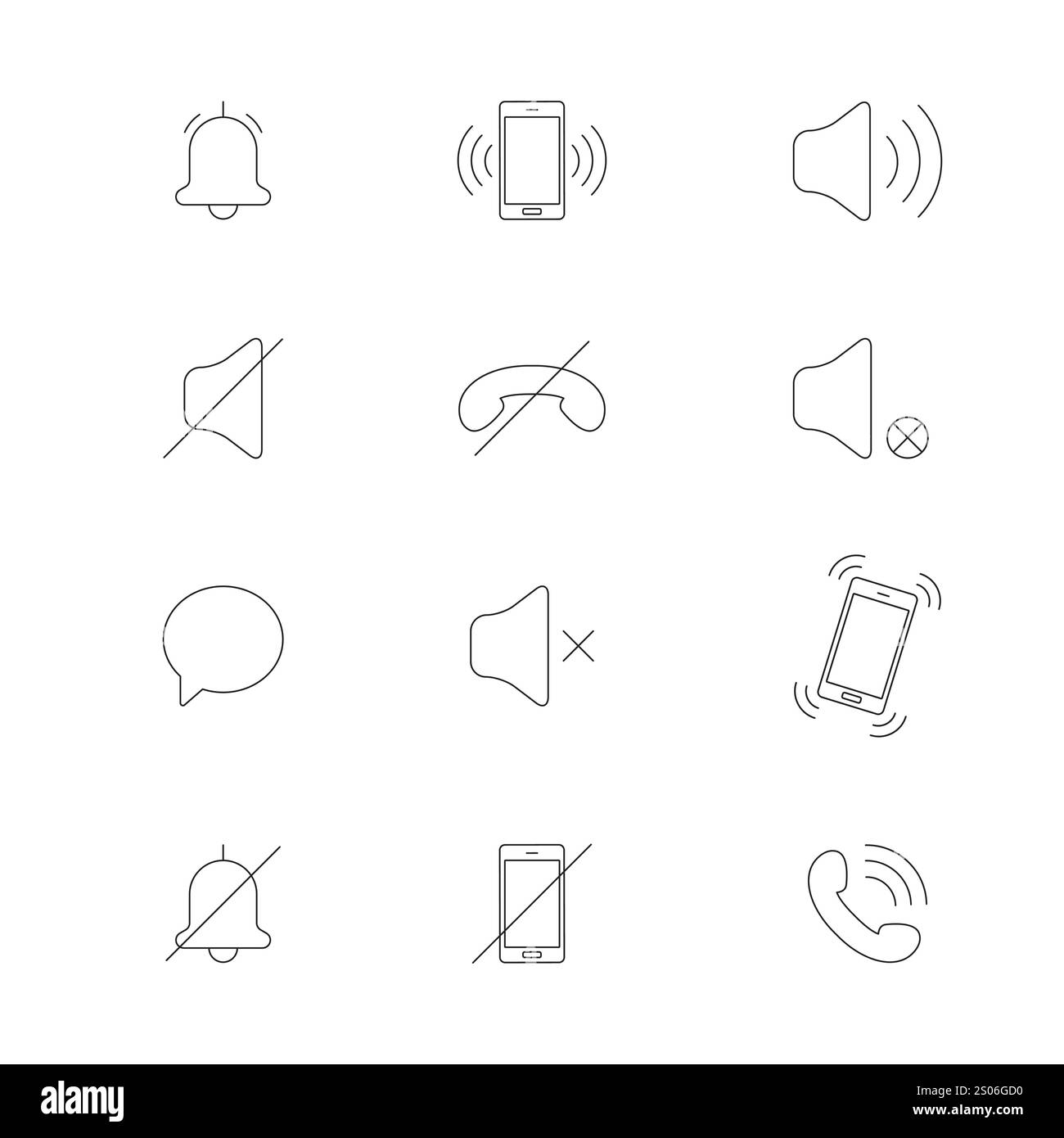 Icônes de ligne de téléphone mobile audio. Mode silencieux. Mode de bruit, silence, vibration. Divers signaux sonores. Vecteur Illustration de Vecteur
