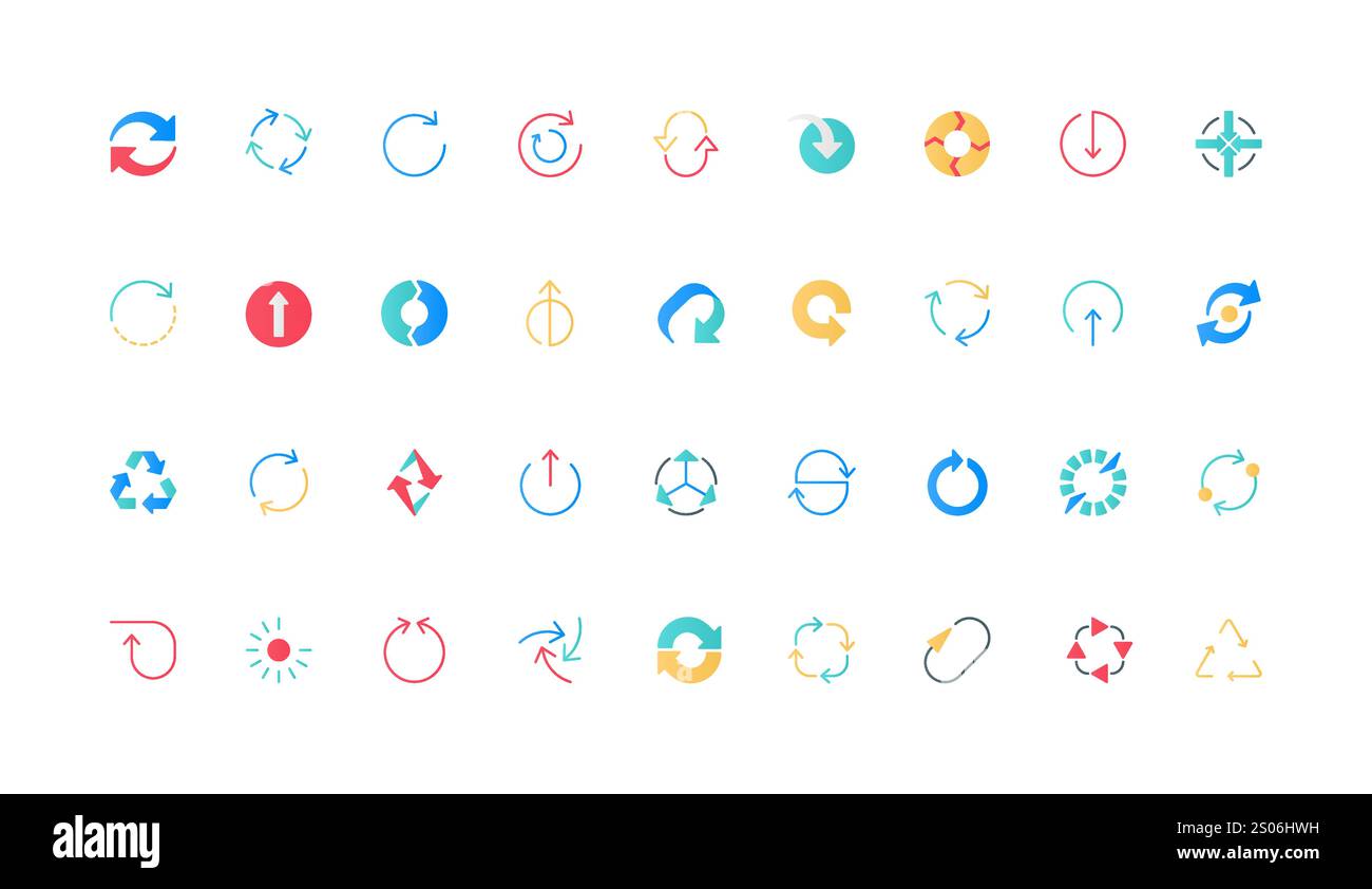 Flèches rondes pour rafraîchir et recycler, redémarrer et recharger, signes de forme de boucle icône de couleur définie. Flèches vers l'extérieur et vers l'intérieur du centre du cercle, circulation et changement d'éléments plats illustration vectorielle Illustration de Vecteur
