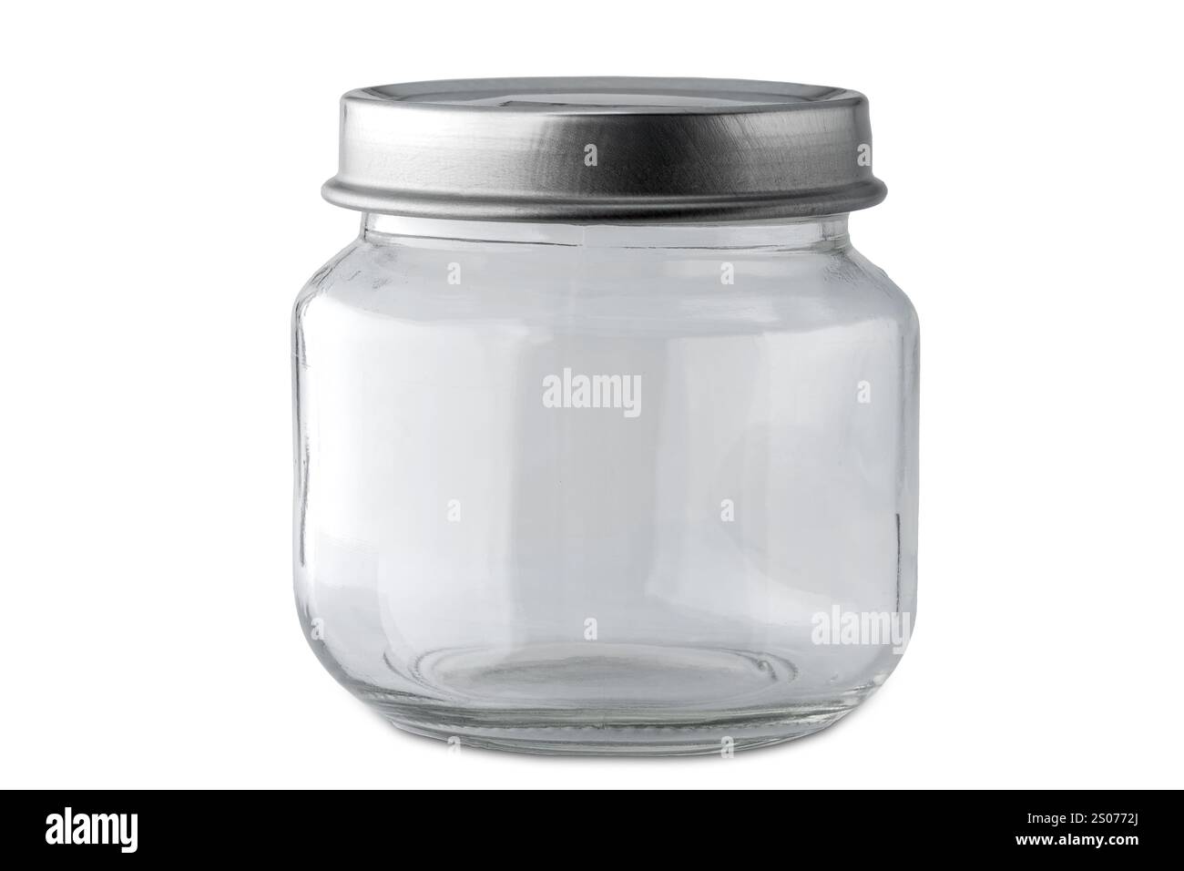 Vide petit pot en verre avec couvercle de couleur argentée isolé sur blanc avec chemin de découpage inclus. Banque D'Images