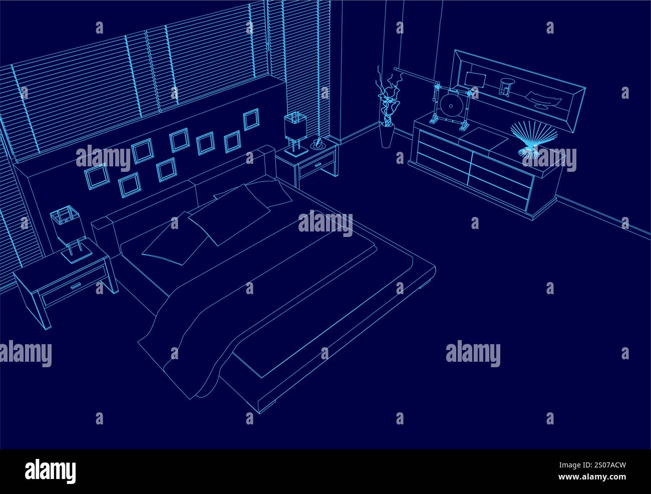 Chambre avec lit, table de chevet et commode. Le lit est bleu et la table de chevet est bleue Illustration de Vecteur
