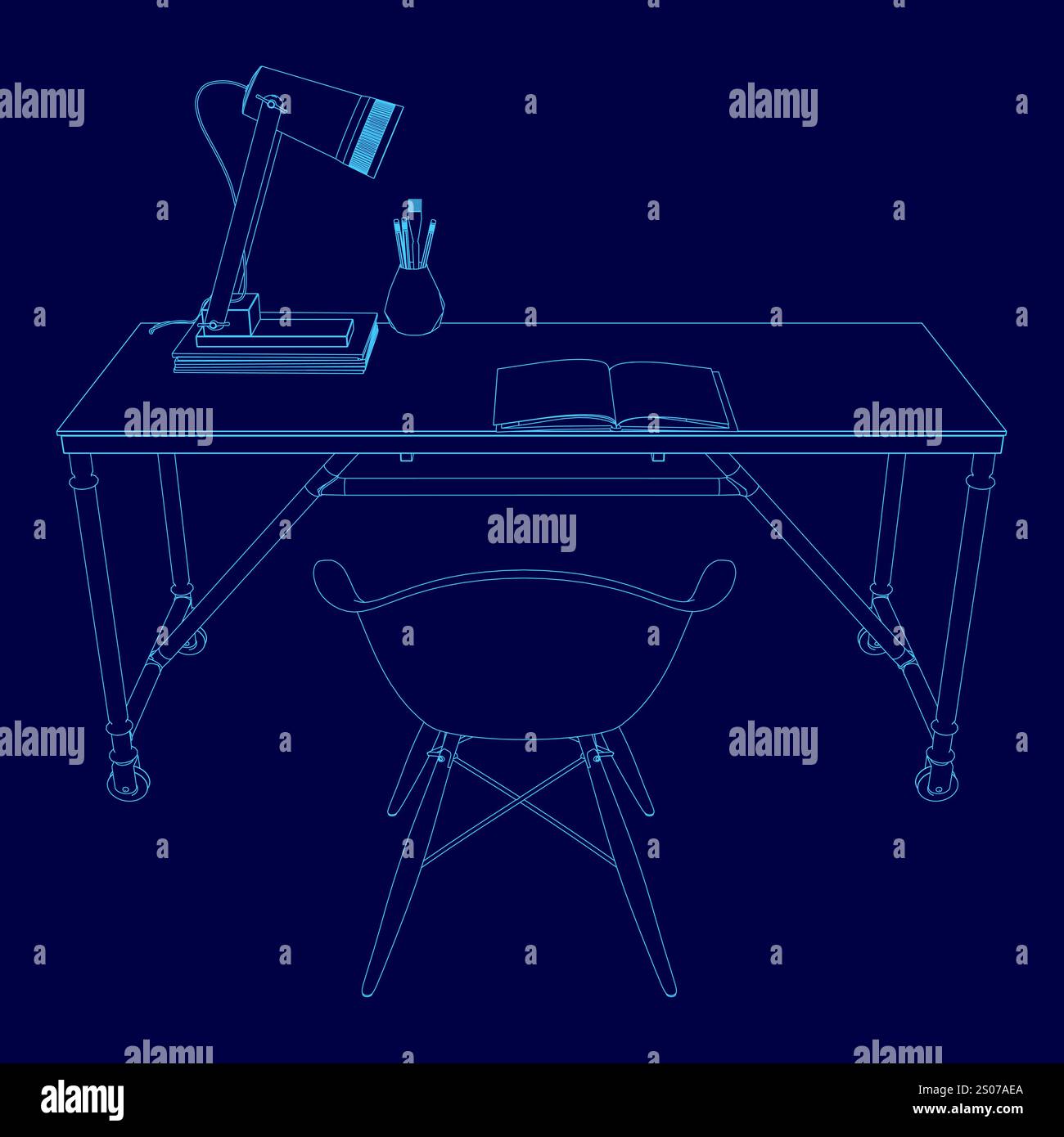 Dessin bleu d'un bureau avec une chaise et une lampe. Le bureau est vide sauf un livre et un vase. Scène est calme et paisible, comme le bureau est installé pour Illustration de Vecteur