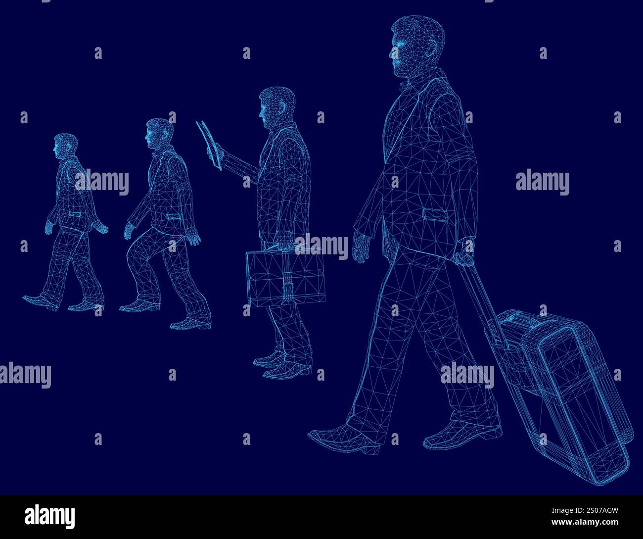 L'homme marche avec une valise et un téléphone portable. L'image est une série de quatre personnes marchant en ligne Illustration de Vecteur