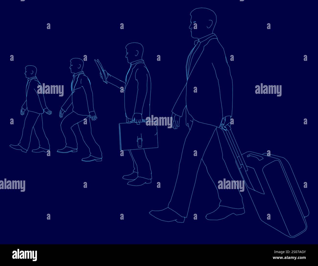 L'homme marche avec une mallette et une valise. Il tient un téléphone portable dans sa main Illustration de Vecteur