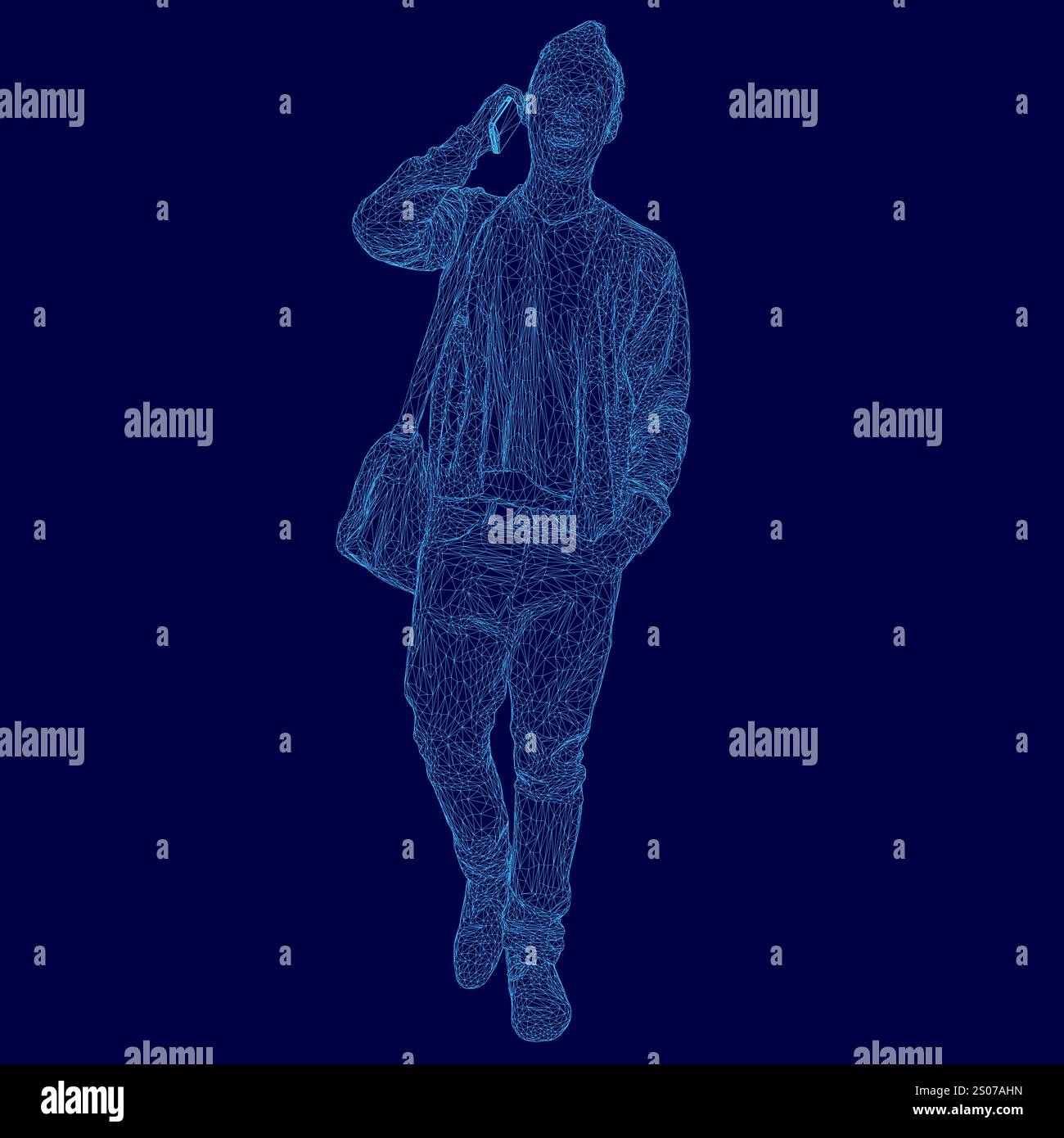 L'homme parle sur son téléphone portable en marchant. L'image est en bleu et l'homme porte un costume Illustration de Vecteur