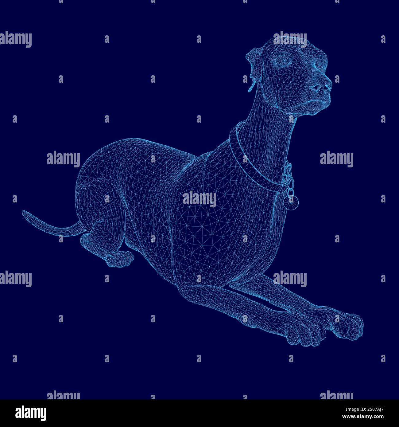 Le chien est allongé sur un fond bleu. Le chien porte un collier et a un nez noir Illustration de Vecteur