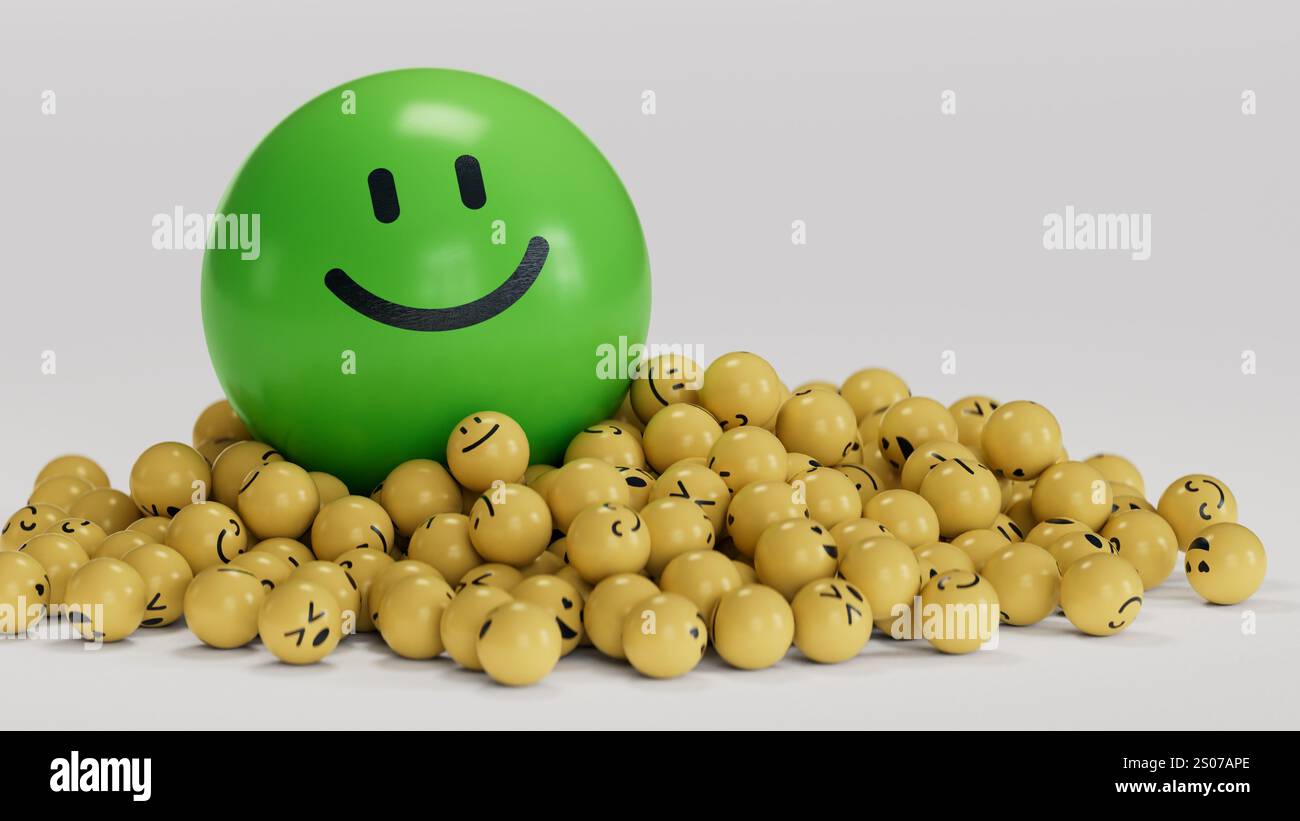 BIG SMILL visage JAUNE dans un groupe de smileys..rendu 3D sur fond blanc. Banque D'Images