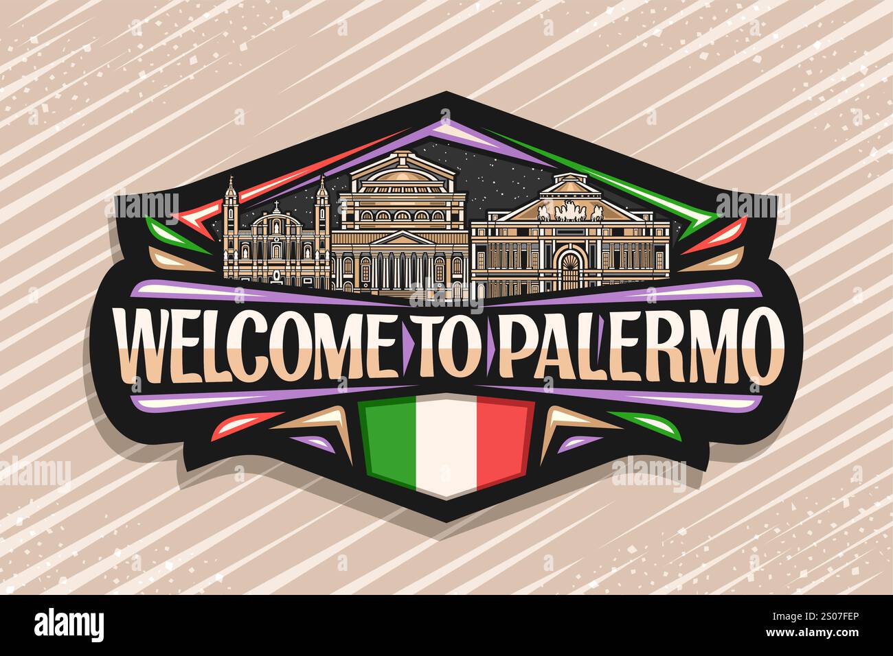 Logo vectoriel pour Palerme, étiquette décorative noire avec illustration de contour du paysage historique de la ville de palerme sur fond de ciel du soir, horizon de conception d'art. Illustration de Vecteur