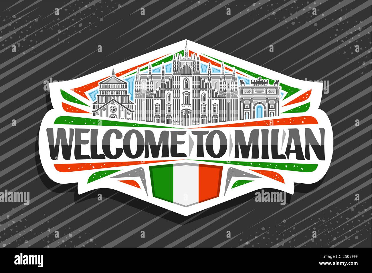 Logo vectoriel pour Milan, étiquette de papier coupé décoratif avec illustration au trait du paysage historique de la ville de milan sur fond de ciel de jour, design d'art horizontal ref Illustration de Vecteur