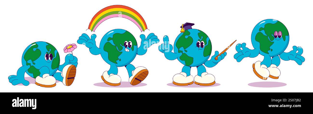 Personnages de la terre heureuse ensemble isolé sur fond blanc. Illustration de dessin animé vectoriel contemporain de globes souriants de l'an 2000 tenant des fleurs, arc-en-ciel, méditant, portant un chapeau académique, mascottes de l'école Illustration de Vecteur
