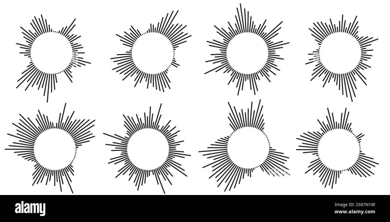 Ensemble d'icônes d'ondulation circulaire. Cercles concentriques avec lignes interrompues isolés sur fond blanc. Vortex, onde de sonar, onde sonore, onde solaire, signaux de signal Illustration de Vecteur
