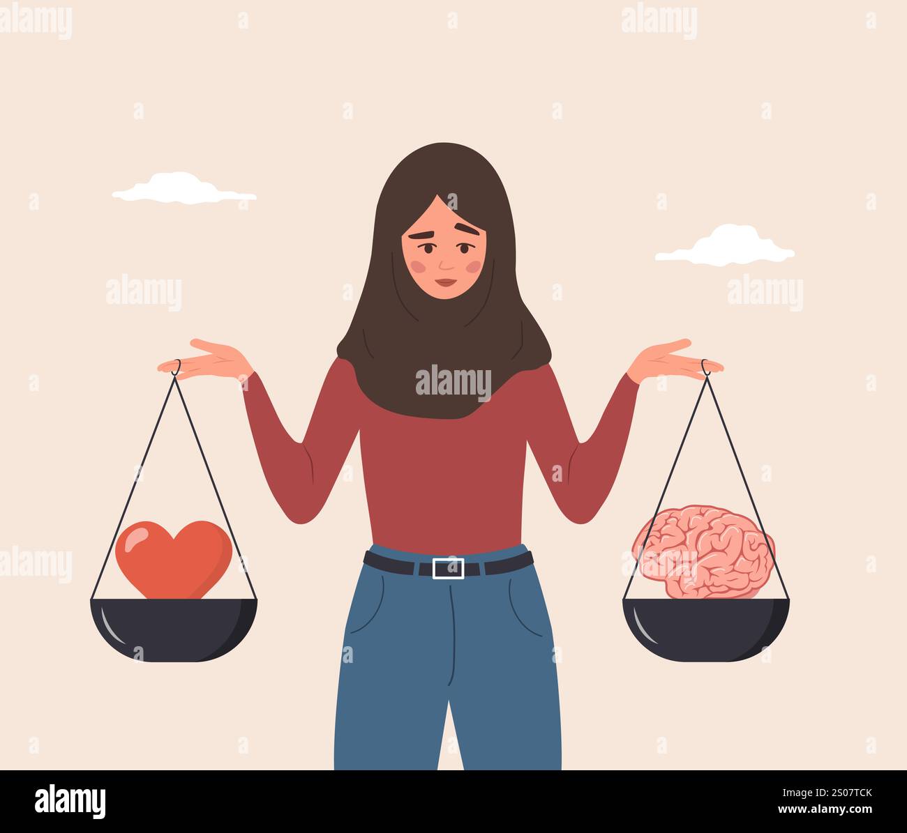 Équilibre du cœur et du cerveau. Choix rationnel raisonnable et émotionnel. Personnage féminin islamique de dessin animé regardant le cerveau et le cœur sur la balançoire. Vecteur plat Illustration de Vecteur