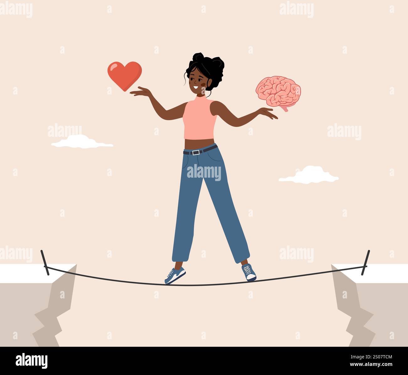 Équilibre entre le cerveau et le cœur. Concept de sentiment de contrôle et d'émotion. La femme africaine essaie d'équilibrer entre instinct ou intellect. Vecteur Illustration de Vecteur