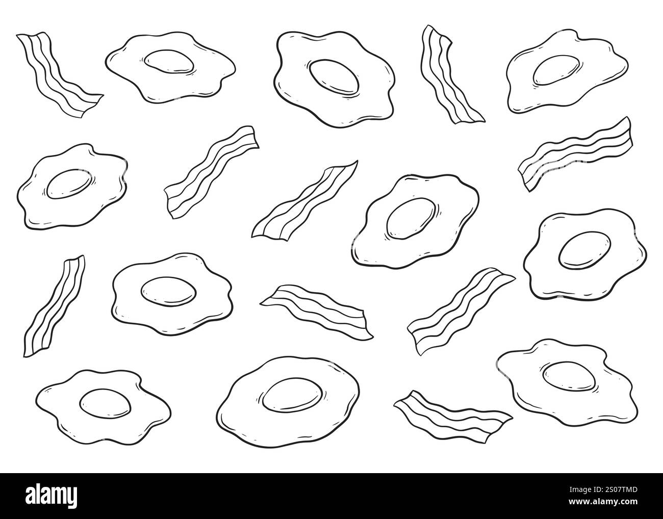 Ensemble de doodle bacon et œufs. Fond d'illustration vectorielle d'illustration de dessin animé. Motif côté ensoleillé vers le haut pour le Web et les médias numériques Illustration de Vecteur