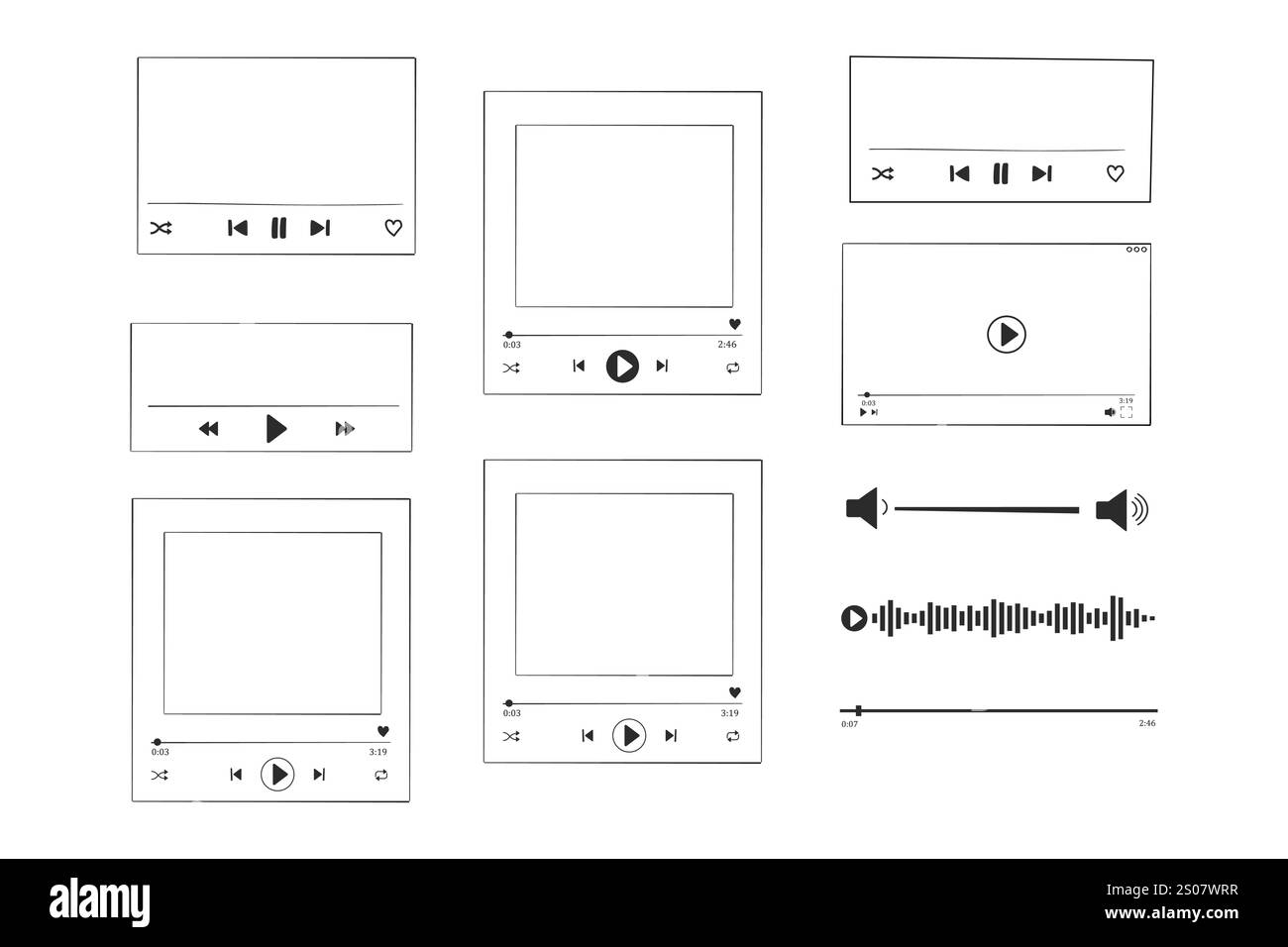 Cadre d'affichage du lecteur vidéo, barre de doodle de ligne avec boutons, ligne de progression, son. Bordure dessinée à la main, fenêtre multimédia. Icône de panneau,. Illustration vectorielle Illustration de Vecteur