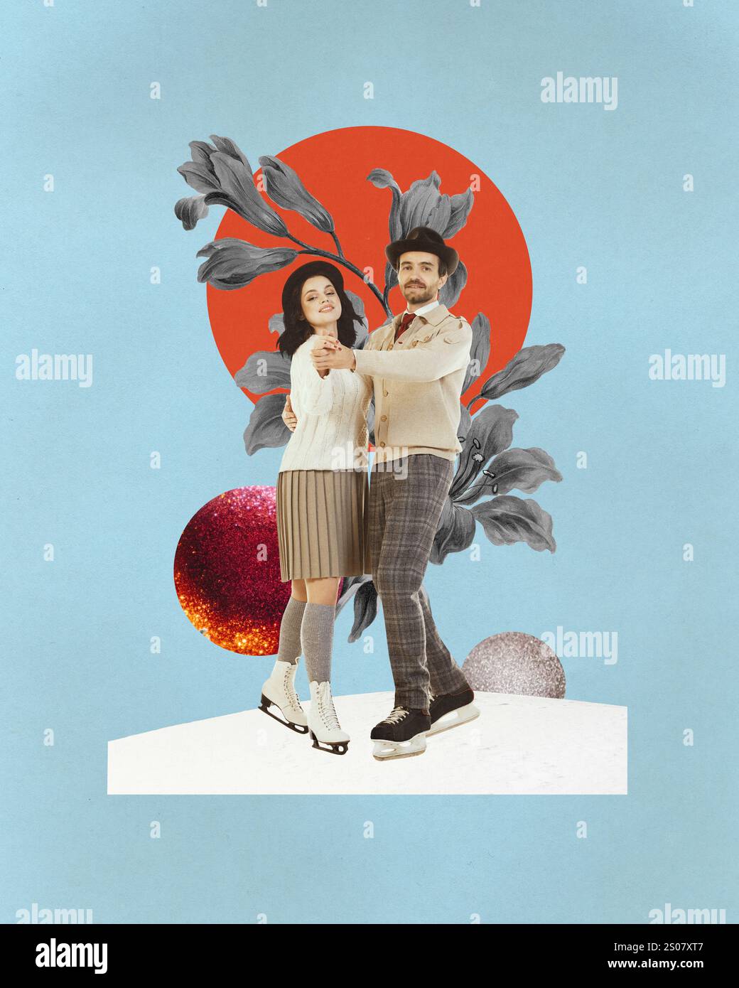 Heureux couple aimant patinant ensemble dans une scène hivernale d'inspiration vintage avec des éléments floraux et abstraits audacieux. Collage d'art contemporain. Banque D'Images