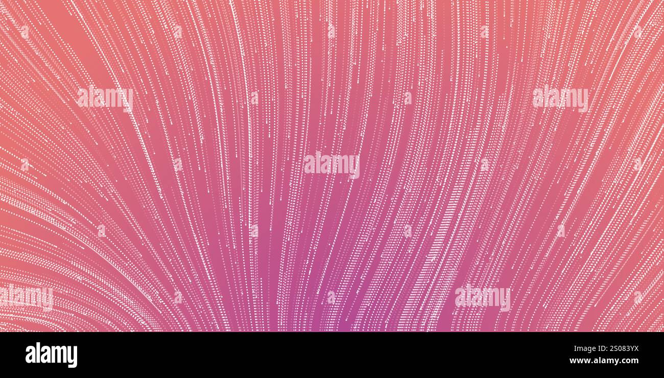 Flux coloré violet, rouge et blanc de particules en mouvement dans des lignes courbes denses - motif rayé de style moderne, fond géométrique abstrait futuriste Illustration de Vecteur