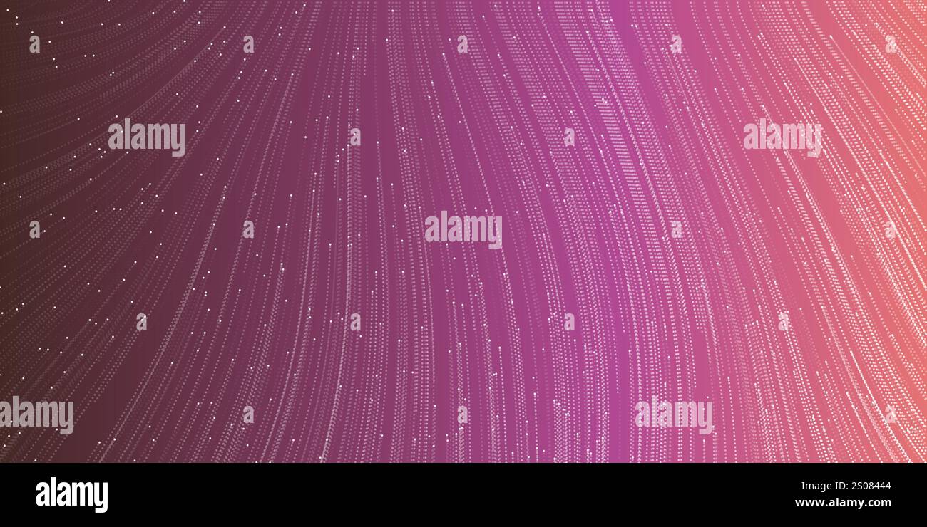 Flux coloré violet, rouge et blanc de particules en mouvement dans des lignes courbes denses - motif rayé de style moderne, fond géométrique abstrait futuriste Illustration de Vecteur