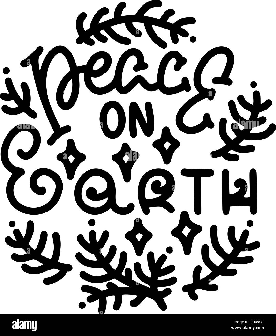 Citation de Noël minimaliste manuscrite avec des étoiles élégantes et des brins de pin, format vectoriel parfait pour les conceptions de vacances. La paix sur Terre Illustration de Vecteur