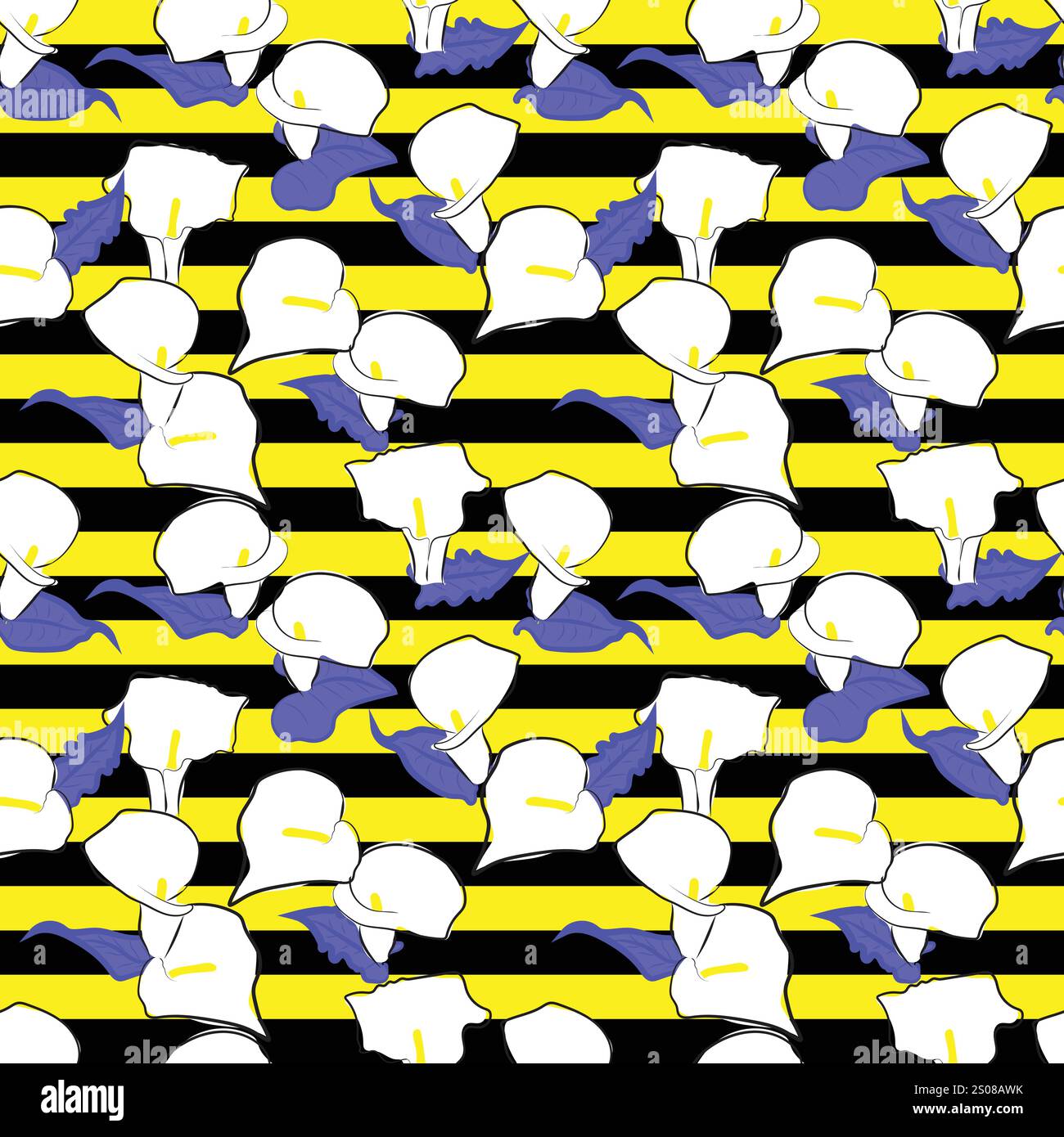 Motif tropical sans couture avec lys calla, lys arum, mettant en valeur un motif floral exotique sur toute la surface. Le style vectoriel, jaune, bande noire Illustration de Vecteur