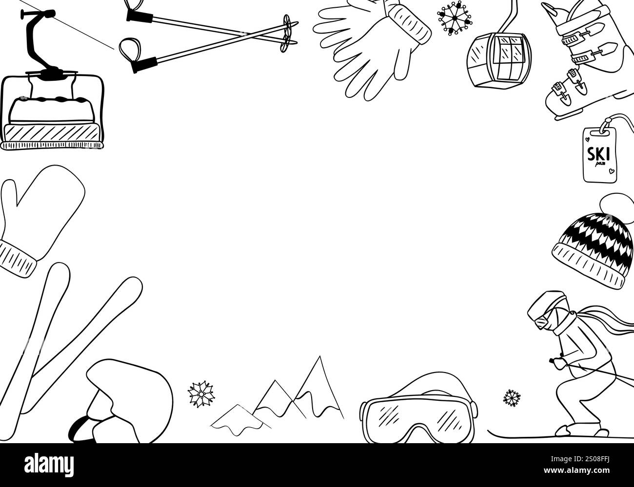 Bannière de sport de ski dans le style de ligne graphique. Équipement de ski dans les skis d'affiche, casque, bâtons, lunettes isolées sur fond. Promotion pour les sports d'hiver sch Illustration de Vecteur