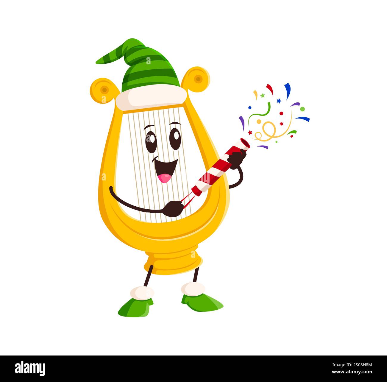 Personnage joyeux d'instrument de musique lyre de dessin animé portant un chapeau elfe festif vert, célébrant les vacances de Noël d'hiver avec un popper de fête rayé rouge, libérant des confettis colorés avec un large sourire Illustration de Vecteur