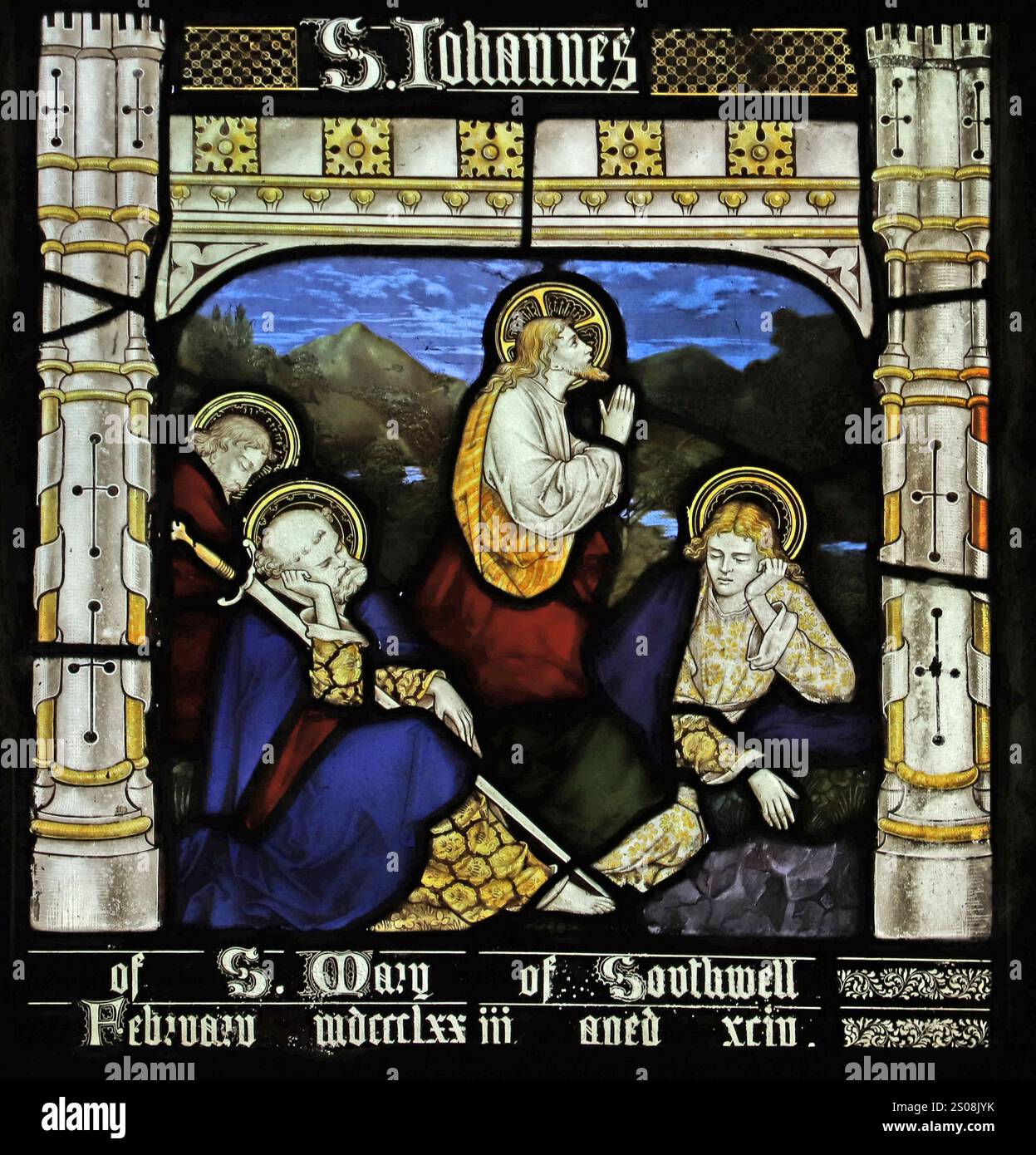 Un vitrail de 1878 par les studios Kempe, représentant l'agonie de Jésus dans le jardin, l'église St Peter, Clayworth, Nottinghamshire. Banque D'Images
