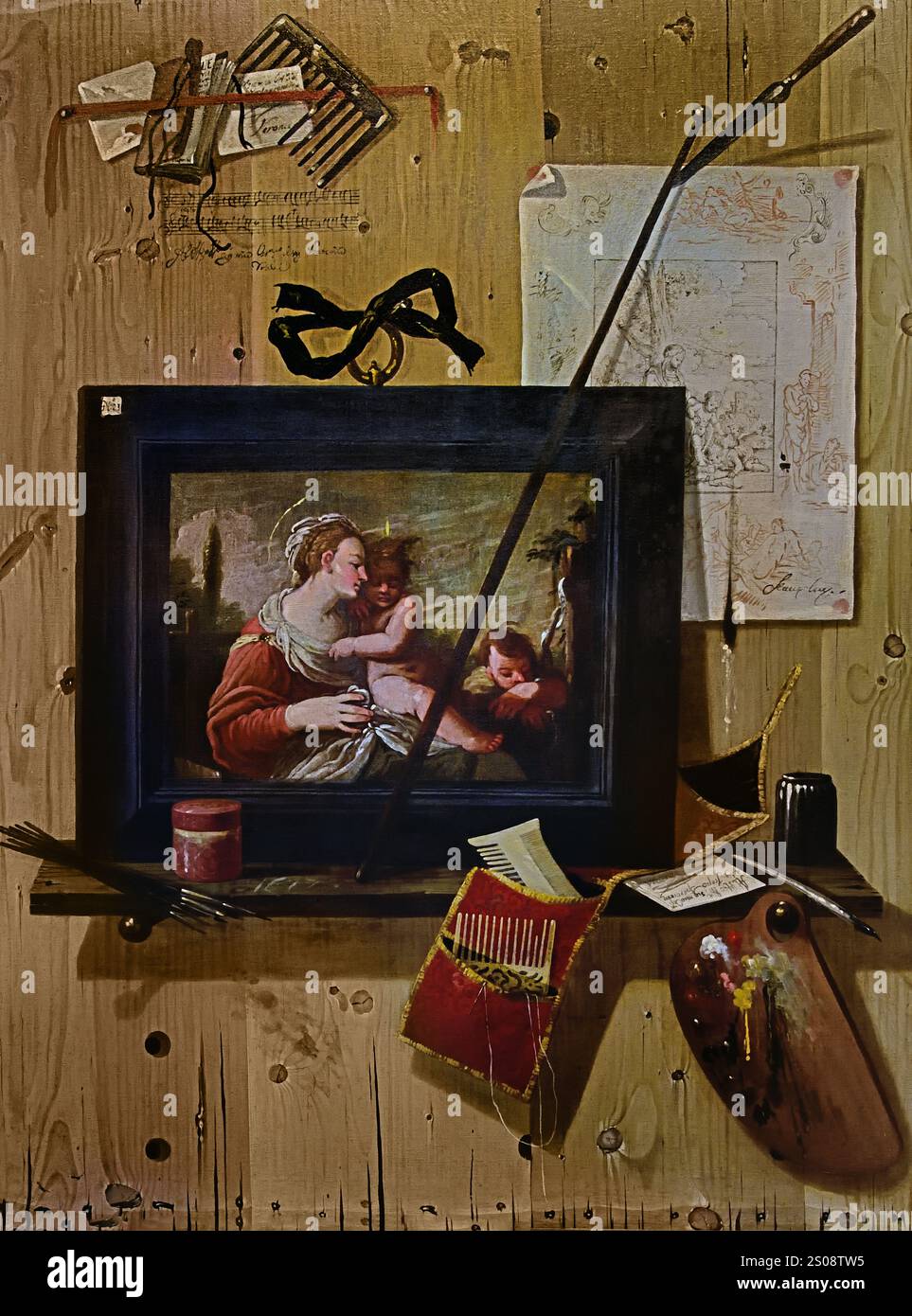 Trompe-l’oeil, nature morte avec une peinture, dessin et peinture outils 1677 de Carlo Leopoldo Sferini (Carlo Tedesco), 1652 – Vérone, 1698 Italien, Italie, Banque D'Images
