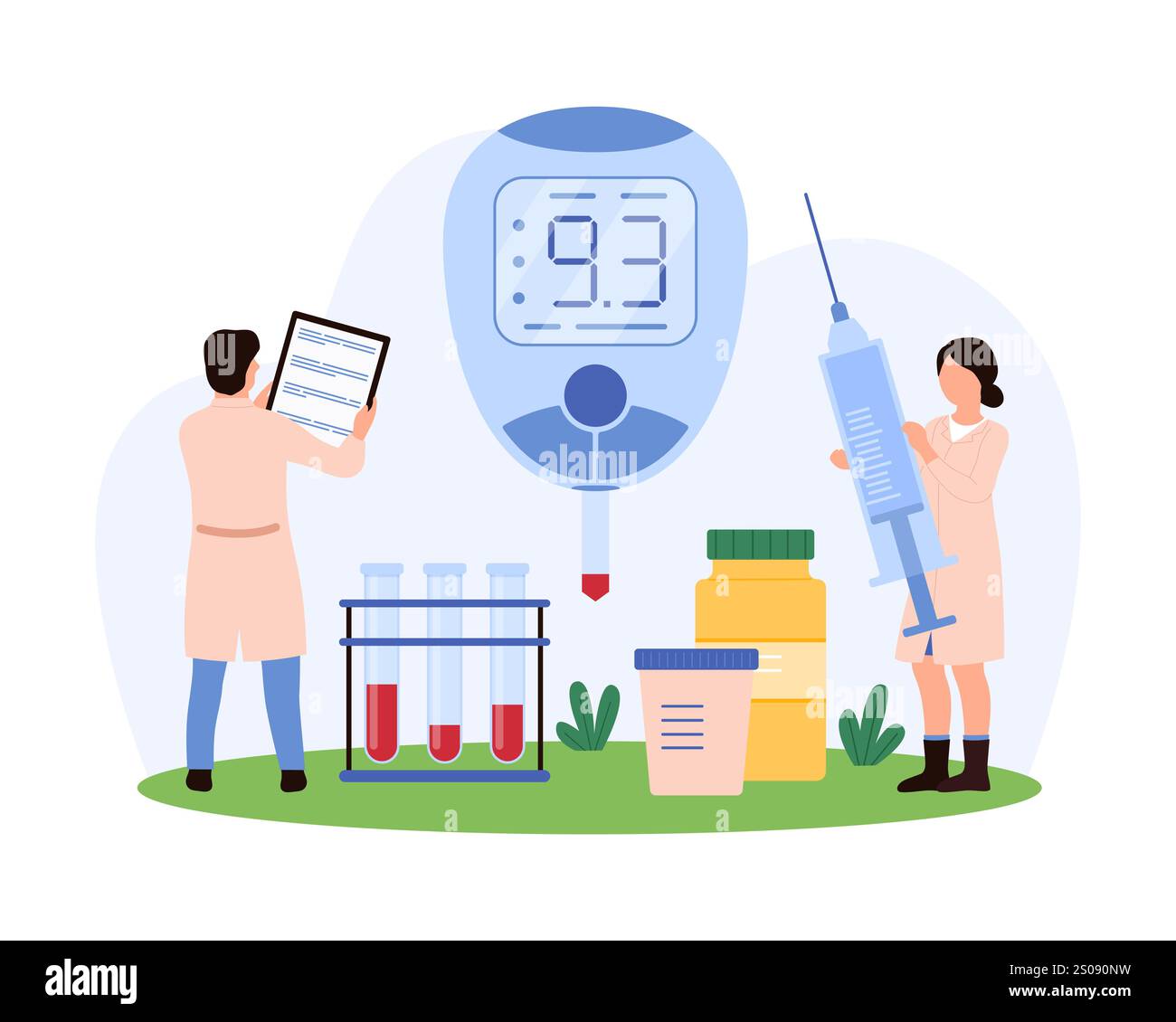 Scientifiques surveillant le diabète avec une technologie de pointe. L'un enregistre les données dans un presse-papiers, l'autre manipule une grande seringue et un glucomètre affiche l'illustration vectorielle des résultats. Illustration de Vecteur