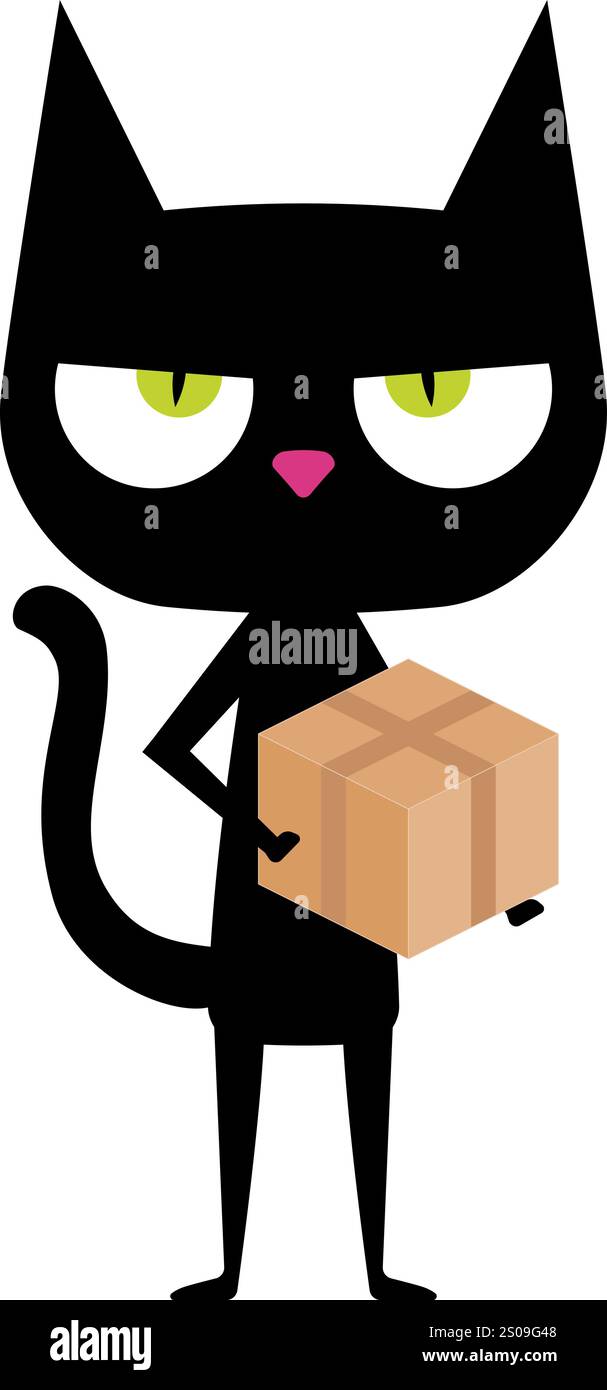 Chat noir de dessin animé drôle avec une grande tête, un nez rose et des yeux verts. Boîte en carton de maintien de chat, expédition en ligne. Parfait pour les cartes de vœux, ou n'importe quel design th Illustration de Vecteur